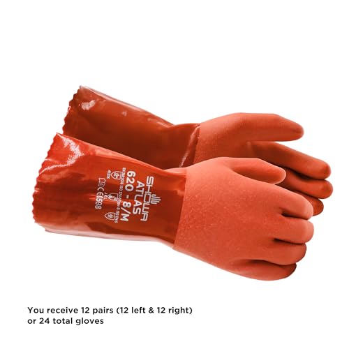 SHOWA Atlas 620 Double-Dipped PVC Chemical Resistant Gloves, Rough Finish Grip, Seamless Cotton Liner - size: X-Large, style: 12-pack