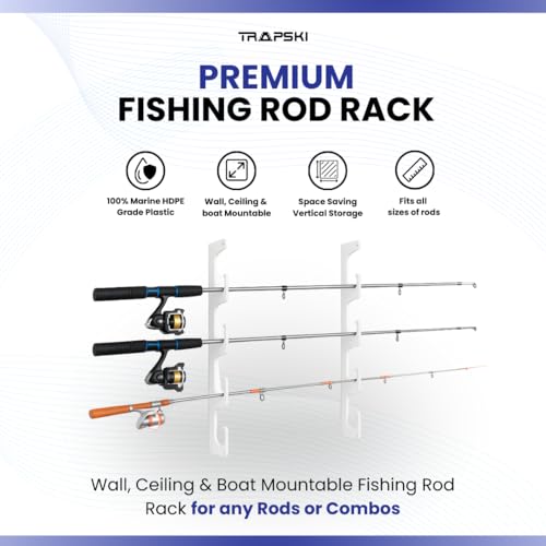 TRAPSKI Made in The USA Fishing Rod/Pole Holder Rack Organizers | Wall or Boat Mounting Fishing Rod Rack | Marine Grade HDPE Plastic | Pole Holder for up to 3 Rods | Stackable - color: H3 White