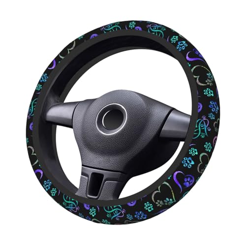 Paw Print Heart Print Steering Wheel Cover Anti-Slip,Sweat Absorption Universal 15 inch Steering Wheel Covers Cute car Accessories for Men Women - color: Black 1