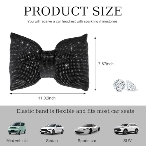 Yourkar Bling Car Seat Neck Pillow, Soft Bling Bowknot Headrest Neck Support Rest Cushion, Neck Relax Head Rest Auto Pillow with Crystal Rhinestone for Women, Car Accessories (Black) - color: Black
