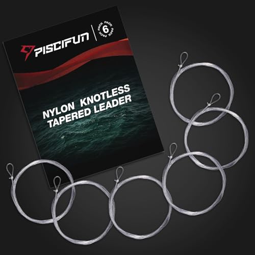 Piscifun Fly Fishing Leader with Pre-Tied Loop, Tapered Fly Line Leader, Nylon, Clear, 6 Pack, 7.5FT, 9FT, 12FT, 0X 1X 2X 3X 4X 5X 6X 7X - size: 9ft-6 pack, style: 5x-3.7lb