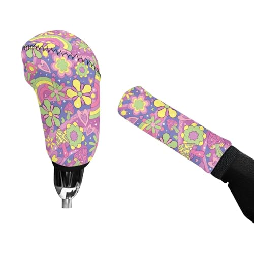 Bulopur Car Shifter Gear Hand Brake Trim Cover Set for Most Cars Van SUV Sedan Truck Auto Accessories - color: Boho Hippie Flower
