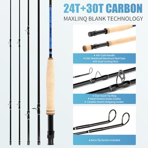 Maxcatch Extreme-X Fly Fishing Rod and Reel Combo, 3-8wt Complete Starter Fishing Outfit with Fly Box, Flies, Rod Clip Holder, Rod Case, Extra Tip Section - size: 5wt-9' 4pc Rod, 5/6wt Reel