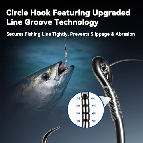 Circle Hooks with Line Groove,Big Game Heavy Duty 5X Strong Fishing Hooks,High Carbon Alloy Steel Live Bait Fish Hooks for Saltwater Freshwater Tuna, Marlin,Shark, Catfish Size 6/0-12/0 - size: 10/0_4pcs