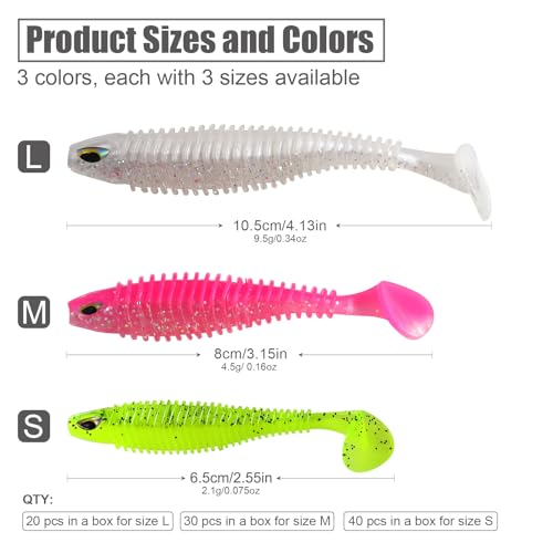 MAFIMOEA 40/30/25Pcs Paddle Tail Swim Baits Lures Fishing Soft Plastic Lure Kit for Bass Trout Walleye Crappie 6.5cm 7.5cm 10.5cm - color: Pink, size: 4.13IN/10.5CM - 20PCS