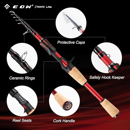 EOW XPEDITE LITE Portable Telescopic Fishing Rods & Combo, Spinning & Casting Fishing Poles, 24T Carbon Rod Blanks, Solid Carbon Tip, Split Cork Grips, Travel Rod, Combos with 5+1BB Spinning Reel - size: 6'6"-M-Fast, style: Rod- Casting
