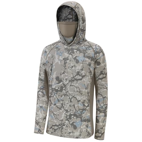 BASSDASH UPF 50+ Men’s Fishing Hoodie Shirts with Mask Camo UV Long Sleeve Moisture Wicking FS53M - color: Ash Grey Ripple Camo, size: 4X-Large
