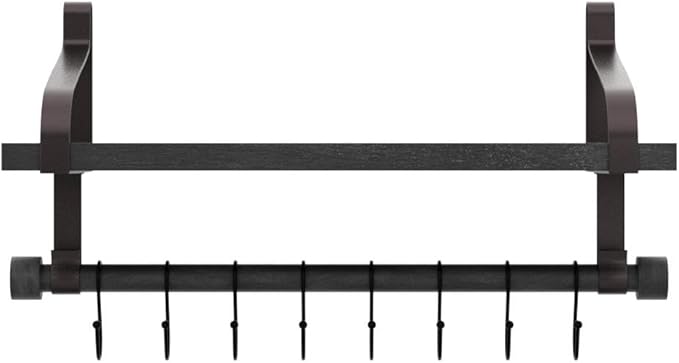 Love-KANKEI Floating Shelf Wall Shelf for Storage Rustic Wood Kitchen Spice Rack with Towel Bar and 8 Removable Hooks for Organize Cooking Utensils or Mugs Black/Brown Brackets
