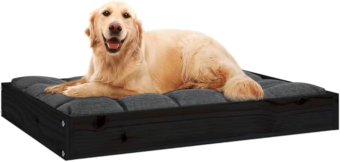 Modern Minimalist Dog Bed, Solid Pine Wood Elevated Pet Platform for Medium Dogs, Rustic Black Frame, 28.1 x 21.3 x 3.5 Inch Durable Pet Furniture