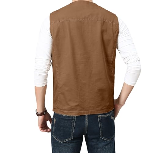 PRIJOUHE Men's Casual Outdoor Cotton Vest Lightweight Breathable Multi-Pocket Fishing Safari Travel Vests Outwear - color: 02-brown, size: XX-Large