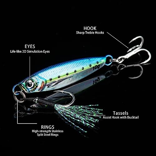 Goture Fishing Jigs,Vertical Jig Saltwater, Jig Fishing Lures with Assist Hook and Treble Hook, 7g-80g Fishing Jigging Spoon Lures for Tuna,Salmon,Sailfish,StripedBass,Grouper Snapper,Kingfish - size: 0.25oz/7g