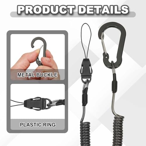 PATIKIL Coiled Lanyards with Buckle Retractable Safety Ring and Quick Release Detachable Buckle for Fishing Equipment - color: Black, size: 59 Inch