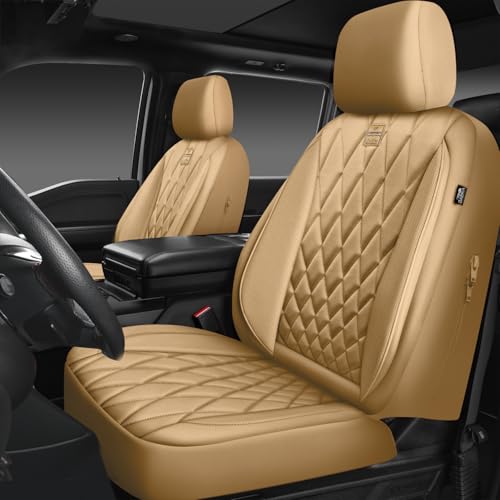 CAR PASS Piping Luxury PU Leather Two Front Car Seat Covers, Waterproof Anti Slip Seat Covers Compatible with Front Seat Armrests,Universal Fit for Suvs,Vans,Trucks,Airbag Compatible(All Beige) - color: All Beige, size: Two Front