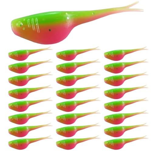 Split-Tail Crappie Lures - 24pcs Soft Plastic Lures for Bluegill, Panfish, Trout, Bass - color: Green-pink