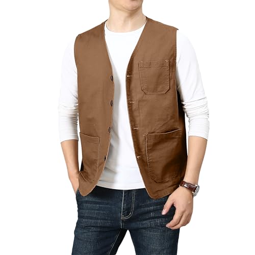 PRIJOUHE Men's Casual Outdoor Cotton Vest Lightweight Breathable Multi-Pocket Fishing Safari Travel Vests Outwear - color: 02-brown, size: XX-Large