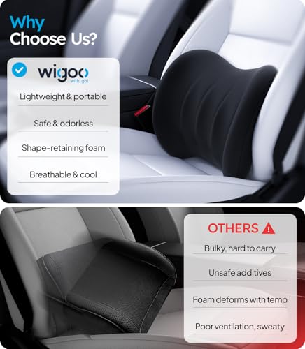 Wigoo 2026 Car Neck Pillow and Lumbar Support Pillow for Car Set [Ergonomic Design, Pressure Relief] Soft Car Headrest Pillow Back Cushion with Adjustable Strap, Fits All Vehicles (Black)