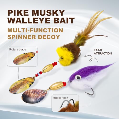 Pike Musky Walleye Fishing Lure Spinnerbait with Feathered Hooks Rooster Tail Fishing Lures Spoon Lures Baits with Tackle Box - color: Style A-Brown