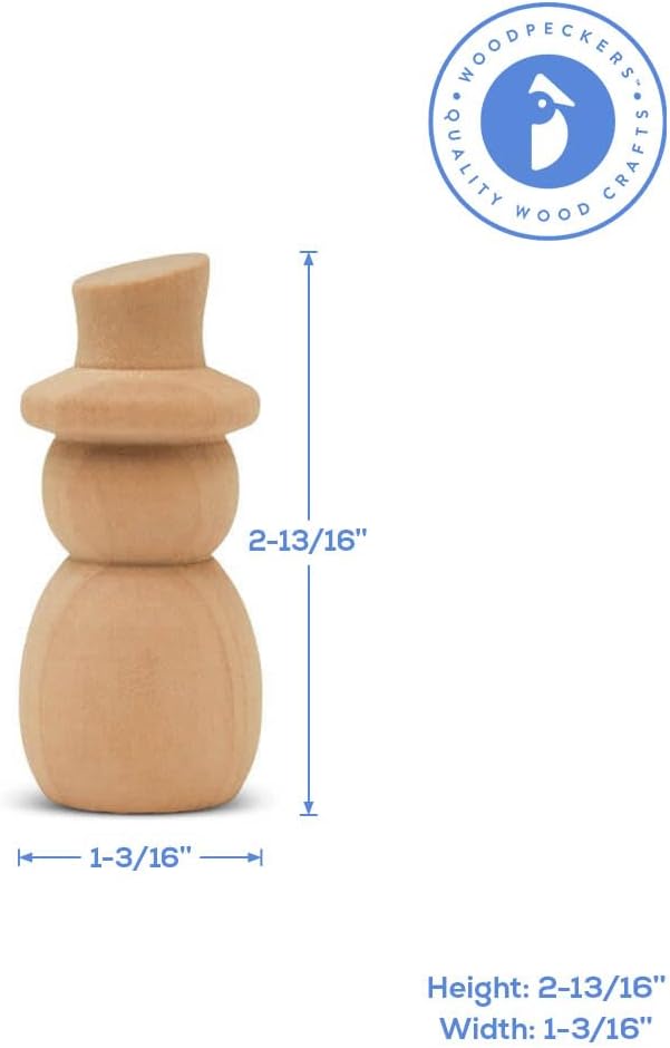 Snowman Peg Dolls 2-13/16 inch, Pack of 25 Wooden Peg Dolls for Christmas Crafting, Nativity Scenes, Holiday Decorations, by Woodpeckers