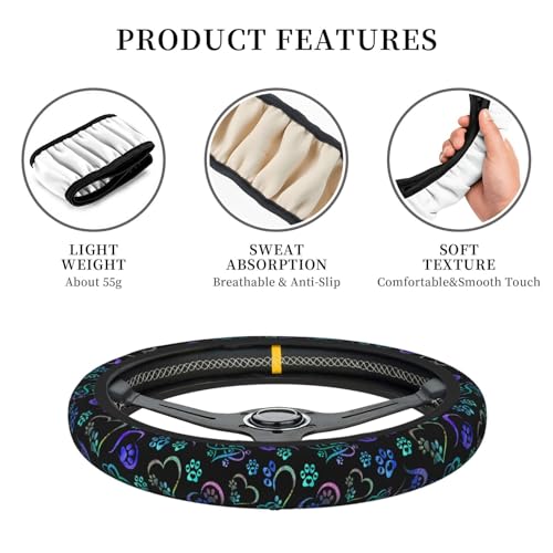 Paw Print Heart Print Steering Wheel Cover Anti-Slip,Sweat Absorption Universal 15 inch Steering Wheel Covers Cute car Accessories for Men Women - color: Black 1