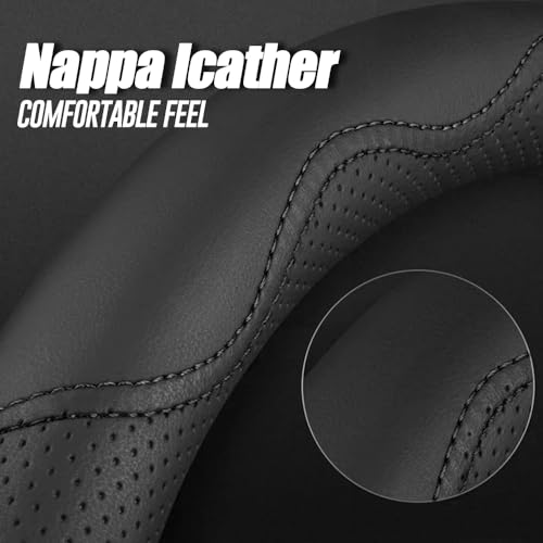 LKWLIKEI Nappa Premium Leather car Steering Wheel Cover, Non-Slip, Breathable, Universal 15 inches - color: Black-A