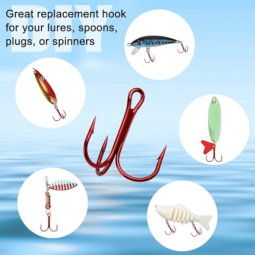 Fishing Treble Hooks - Sharp Strong Red Treble Fishing Hooks High Carbon Steel Triple Hooks Round Bend Barbed Fish Hook for Saltwater Freshwater Size #14-1/0 - size: 100pcs-12#