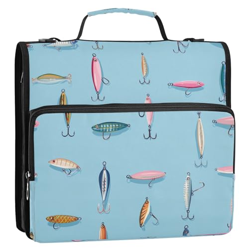 Fishing Lures Blue Cute 3 Ring Zipper Binder with Strap 1.5 inch 500 Sheet Capacity File Folder Storage Organizer