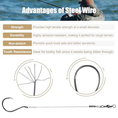 Circle Hooks Rigs, 15pcs Fishing Leader Rigs with Steel Leader Wire and Circle Hooks 1/0 2/0 3/0 4/0 5/0 6/0 7/0 8/0 9/0 10/0 for Bass, Catfish Fishing - size: 2/0