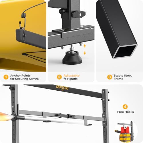 Bonnlo Kayak Storage Rack, Adjustable Heavy Duty Kayak Rack for Kayaks Paddle Boards, Kayak Paddle Holder for Garage, Spacesaver, Gentle on Padding, Boat Organizer - style: 3 Kayaks, Free Standing