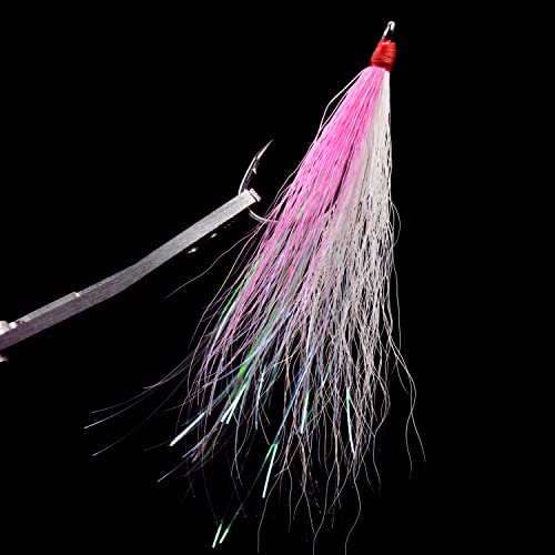 Bucktail Teasers Fishing Hooks Saltwater Flounder Rig Bucktail Mylar Teasers Inserted Fishing Teaser Hooks for Jigs Spoons Lures Hi/Lo Rig Striped Bass Bluefish Flounder Surf Bottom Fishing - color: Yellow-white, size: 6pcs