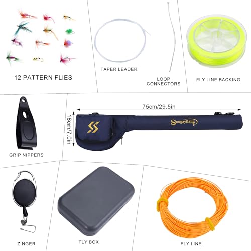 Sougayilang 5/6 Weight 9ft Fly Rod, 4-Piece Graphite Rod, Die Cast Aluminum Reel, Carrying Case, Fly Box & Fishing Flies Combo Starter Kit - color: Fly Fishing Combo #8-Turquoisee