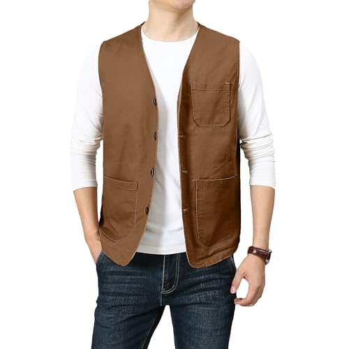 PRIJOUHE Men's Casual Outdoor Cotton Vest Lightweight Breathable Multi-Pocket Fishing Safari Travel Vests Outwear - color: 02-brown, size: Medium