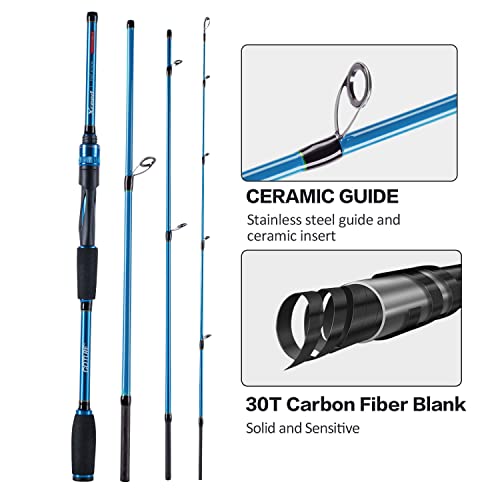 Goture 4-Piece Travel Carbon Fishing Rod M/MH Action 6.6-12ft Multi-Colors | Goture multi-spec travel fishing rods adopt upgraded high-grade carbon fiber blank with premium Fuji line guides - color: Blue, size: Spinning/8'-Moderate-Fast/Medium-Heavy