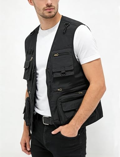 Men's Lightweight Mesh Fishing Vest Utility Outdoor Multi-Pocket Hunting Cargo Vest - color: Black, size: Large