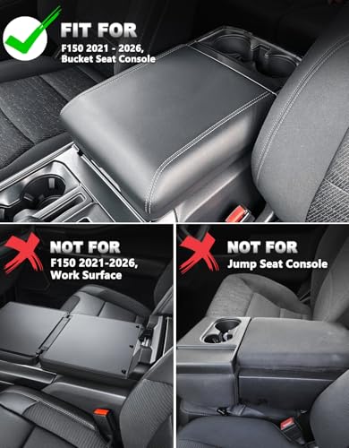 Center Console Cover for 2021-2026 Ford F150 Accessories, Vinyl Leather Middle Armrest Cusion Protector, Anti-Scratch, Black Gray Stitches, Bucket Seat Only(not for Work Station) - size: Bucket Seat, 2021-2026 F150, gray stitch