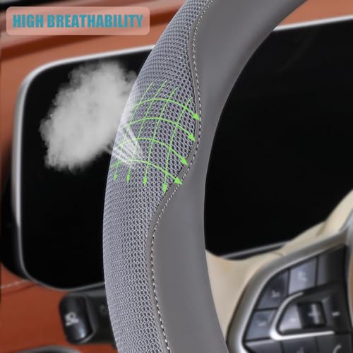 Nappa Leather Gray D Shape Steering Wheel Cover, Advanced Microfiber Leather Non-Slip Breathable Fabric, Warm in Winter and Cool in Summer, Universal 15 inch - color: Gray, size: D Shape-M[14.5''-15'']