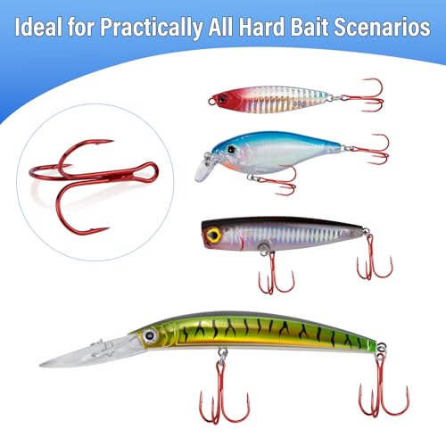 Dr.Fish 50 Pack Treble Fishing Hooks, Red Round Bend Triple Grip Saltwater Freshwater High Carbon Steel Fish Hooks for Catfish Bass Trout Replacement Hard Baits Lures - size: #12-50 Pack