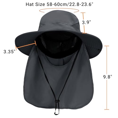 PFFY Sun Bucket Hats for Men Women Fishing Hat UV Protection Wide Brim Beach Safari Hat with Neck Flap - color: Lightgrey (With Neck Flap)