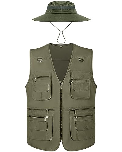 Janmercy 2 Pieces Men's Work Fishing Vest with Hat Lightweight Safari Travel Hunting Waistcoat With Multi Pockets Fishing Hat - color: Army Green, size: Medium