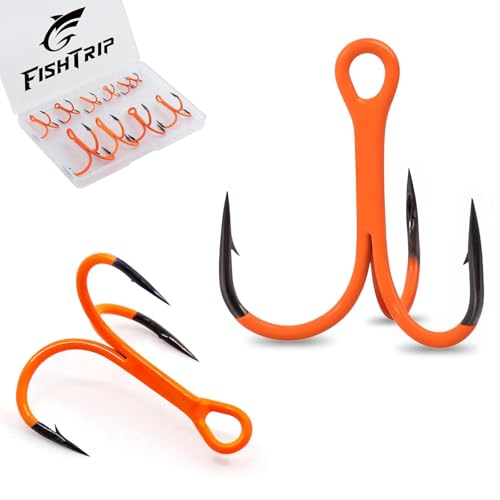 FishTrip Treble Hooks, 10Pcs Replacement Hooks Orange for Hard Lures | High Carbon Steel Ultra Barbed Sharp Triple Fishing Hooks for Saltwater Freshwater Bass Trout walleye, Pike Size 14-3/0 - size: 2/0#_10pcs