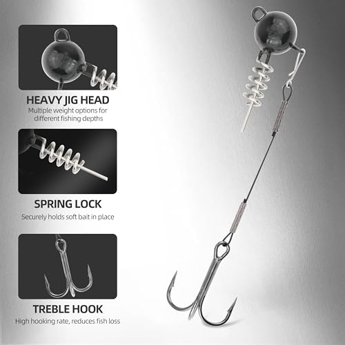 Fishing Rig with Weighted Jig Head and Treble Hook – Screw Lock Bait Keeper for Soft Lures, 3PCS Pack for Saltwater and Freshwater Fishing - size: 1/2oz, style: Single