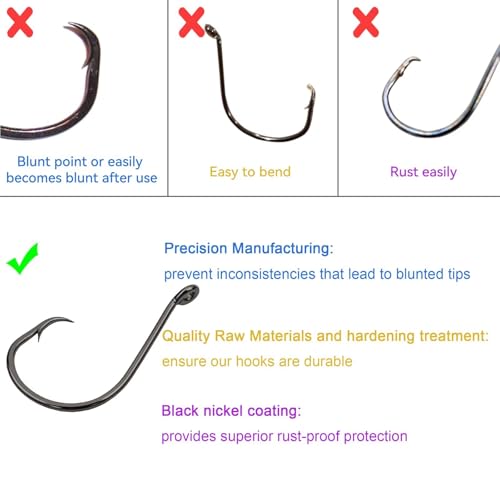 50Pcs Circle Hooks with Fishing Hook Remover, Super Sharp and Offset Catfish Octopus Circle Hooks for Saltwater and Freshwater, Nickel Coated High Carbon Steel, Sizes #1-8/0 - color: Black Nickel, size: 4/0