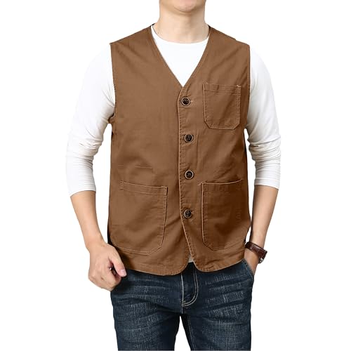 PRIJOUHE Men's Casual Outdoor Cotton Vest Lightweight Breathable Multi-Pocket Fishing Safari Travel Vests Outwear - color: 02-brown, size: XX-Large