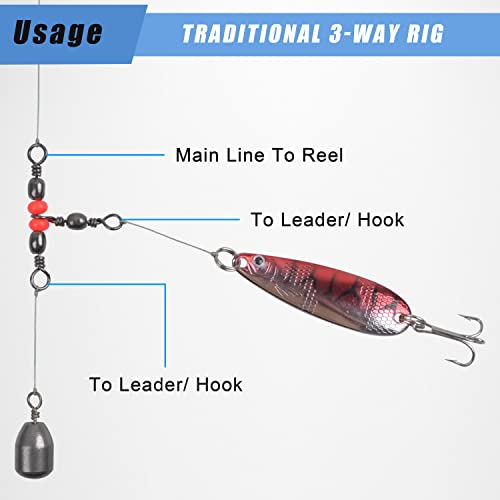 SILANON 3 Way T-Turn Barrel Swivels Fishing Tackle,40pcs Brass Barrel Triple Swivel Cross Line 3 Way Barrel Fishing Connector with Red Fishing Beads for Freshwater Saltwater Test 20-100LB - size: 5*7# 40pcs