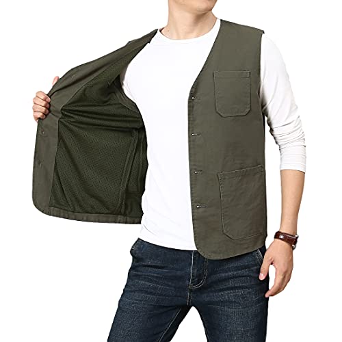 PRIJOUHE Men's Casual Outdoor Cotton Vest Lightweight Breathable Multi-Pocket Fishing Safari Travel Vests Outwear - color: 02-green, size: XX-Large