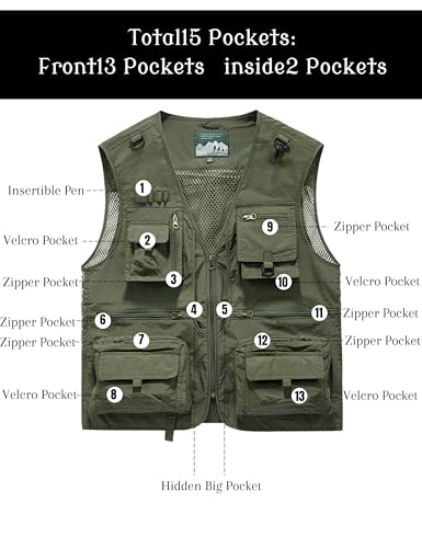 Men's Lightweight Mesh Fishing Vest Utility Outdoor Multi-Pocket Hunting Cargo Vest - color: Army Green, size: 3X-Large