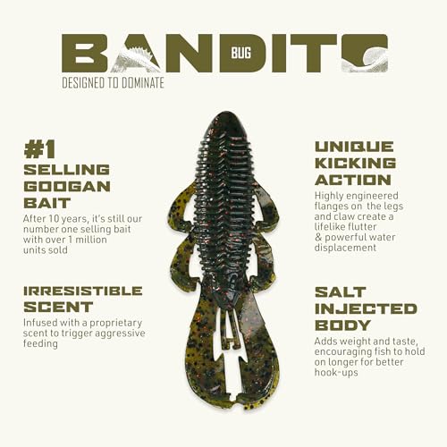 Googan Squad Bandito Bug Fishing Lures – Soft Bait for Bass Fishing, Swim Baits with Unique Kicking Action, Saltwater and Freshwater Fishing Gear, Pack of 6 (4 inches) - color: Green Pumpkin Blue