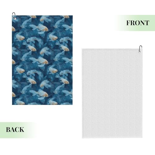 Blue Fish Pond Print Golf Towel, Microfiber Golf Towels for Bags with Carabiner Clip 16 x 24 inches, Men Womens Golfs Accessories
