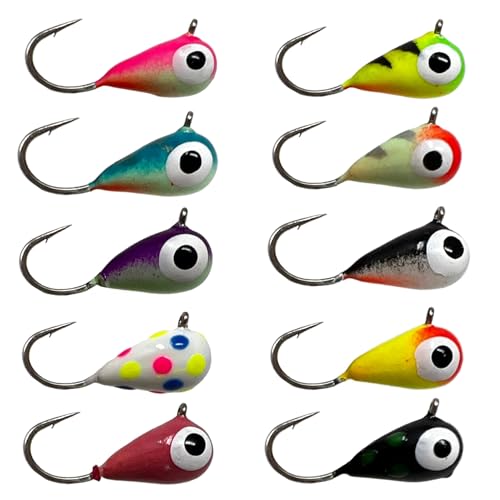 Reaction Tackle Tungsten Ice Fishing Jigs, Tear Drop Jig Heads that Glow with UV Light for Panfish, Crappie, Walleye, Perch, Trout and Bluegill - color: 10-pcs Variety Pack, size: 4 mm