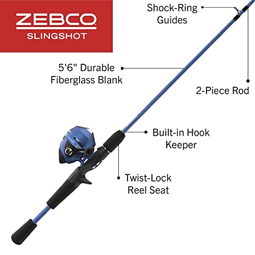 Zebco Slingshot Spincast Reel and Fishing Rod Combo, 2-Piece Fishing Pole, Right-Hand Retrieve, Pre-Spooled with 10-Pound Zebco Line - color: Blue
