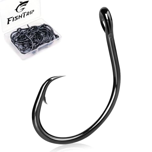 FishTrip 25pcs Inline 5X Strong Circle Hooks, Fishing Hooks for Saltwater | High Carbon Steel, Non-Offset Wide Gap Fish Hook for Catfish, Striped, Bass, Salmon, Mackerel, Tuna Sizes #1-12/0 - size: 2/0_25pcs